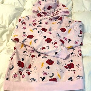 Pink Graphic Hoodie with Rose and Lightning Print